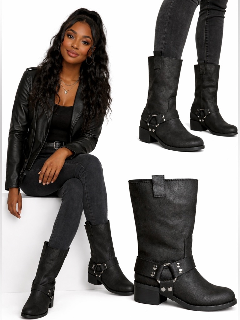 JustFab Women’s Size 10 Black Moto Harness Ankle Boots Silver Studs NWOT